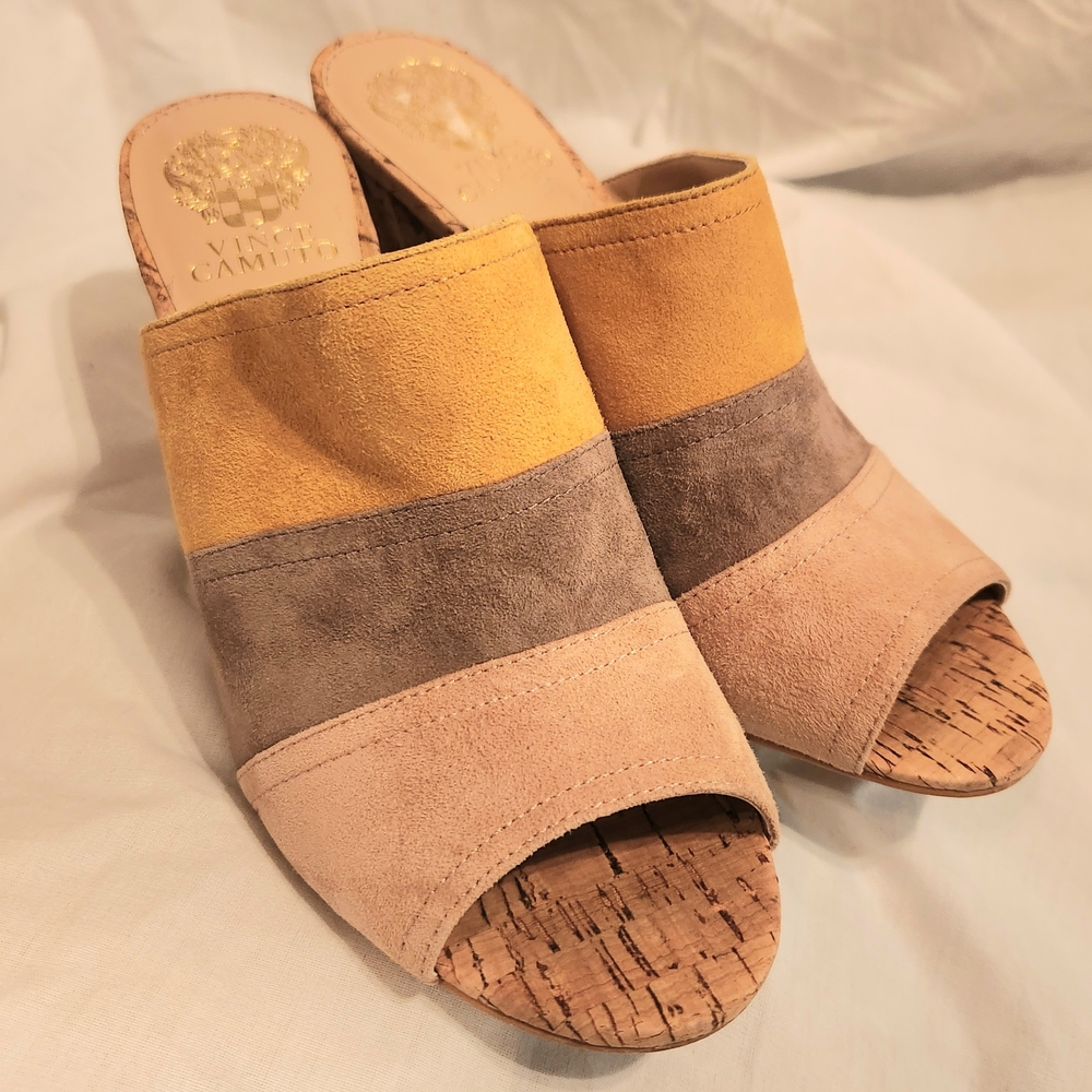 VINCE CAMUTO Women's Multicolor Suede Mules Cork Heel Colorblock Size 9